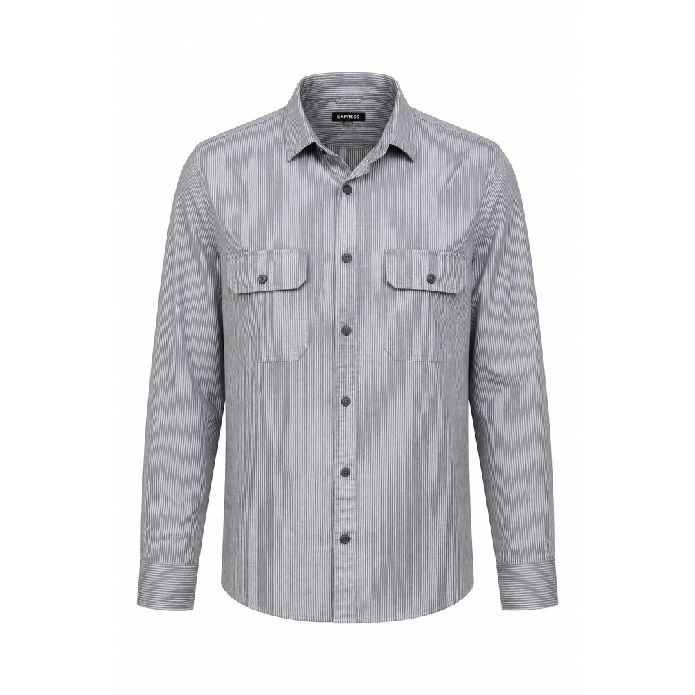 Express Mens XL Gray White Pinstripe Linen Cotton Button Down Shirt Long Sleeve